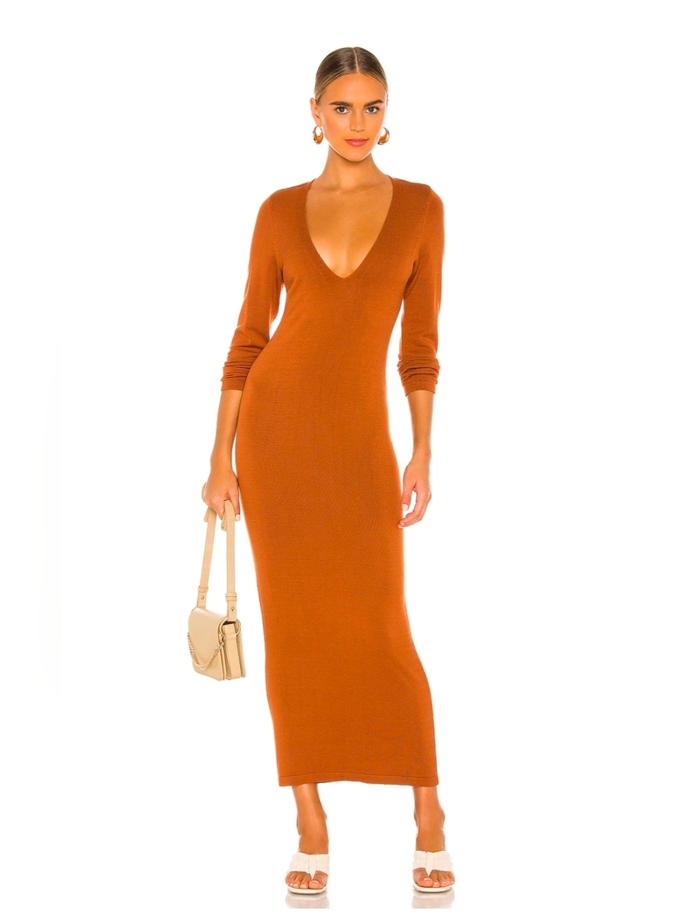 L'Academie Rust Brown V-Neck Long Sleeve Maxi Knit Dress Size S